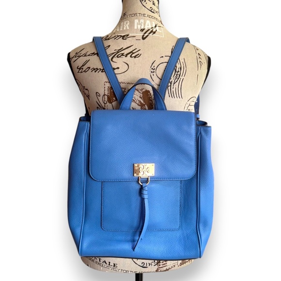 Tory Burch Eve Flap Backpack - High Tide Blue - Pebbled Leather -Like New - Picture 2 of 10